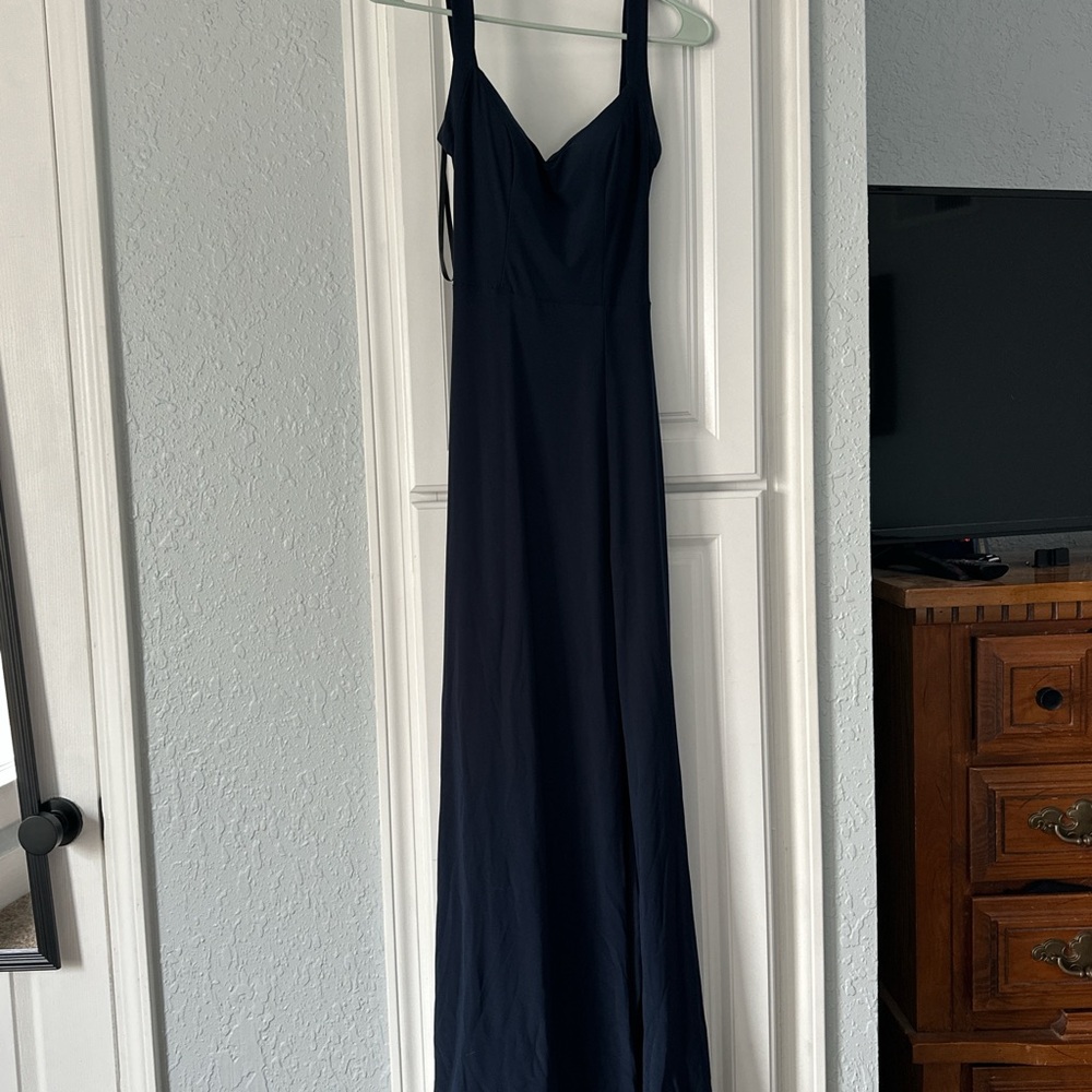Elegant Navy Maxi Dress with leg slit.